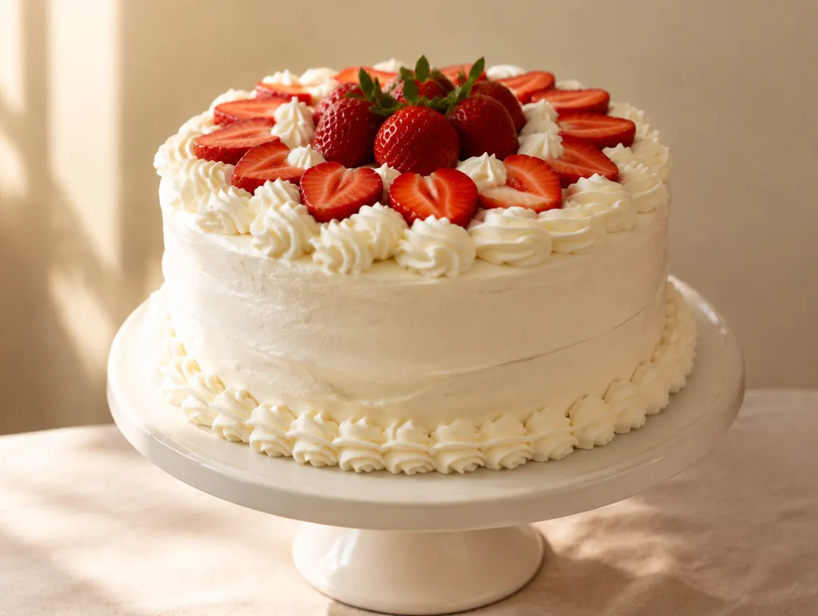Bolo de aniversário redondo com chantilly branco e morangos por cima