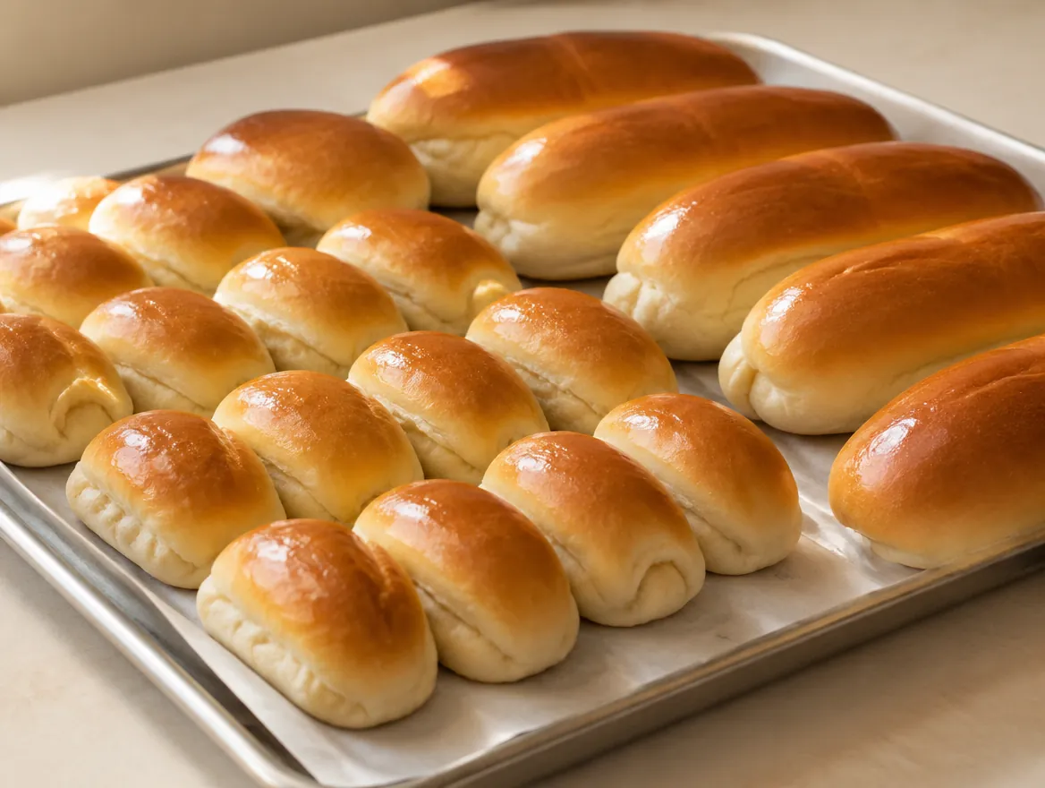 Bandeja com pães de cachorro-quente mini e tradicionais, dourados e macios