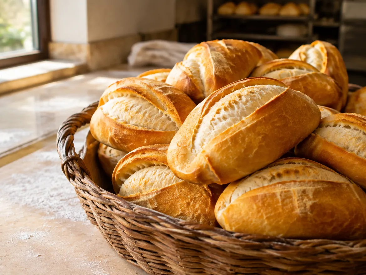 Cesta de pão francês quente recém-saído do forno, com crosta dourada, numa padaria de bairro
